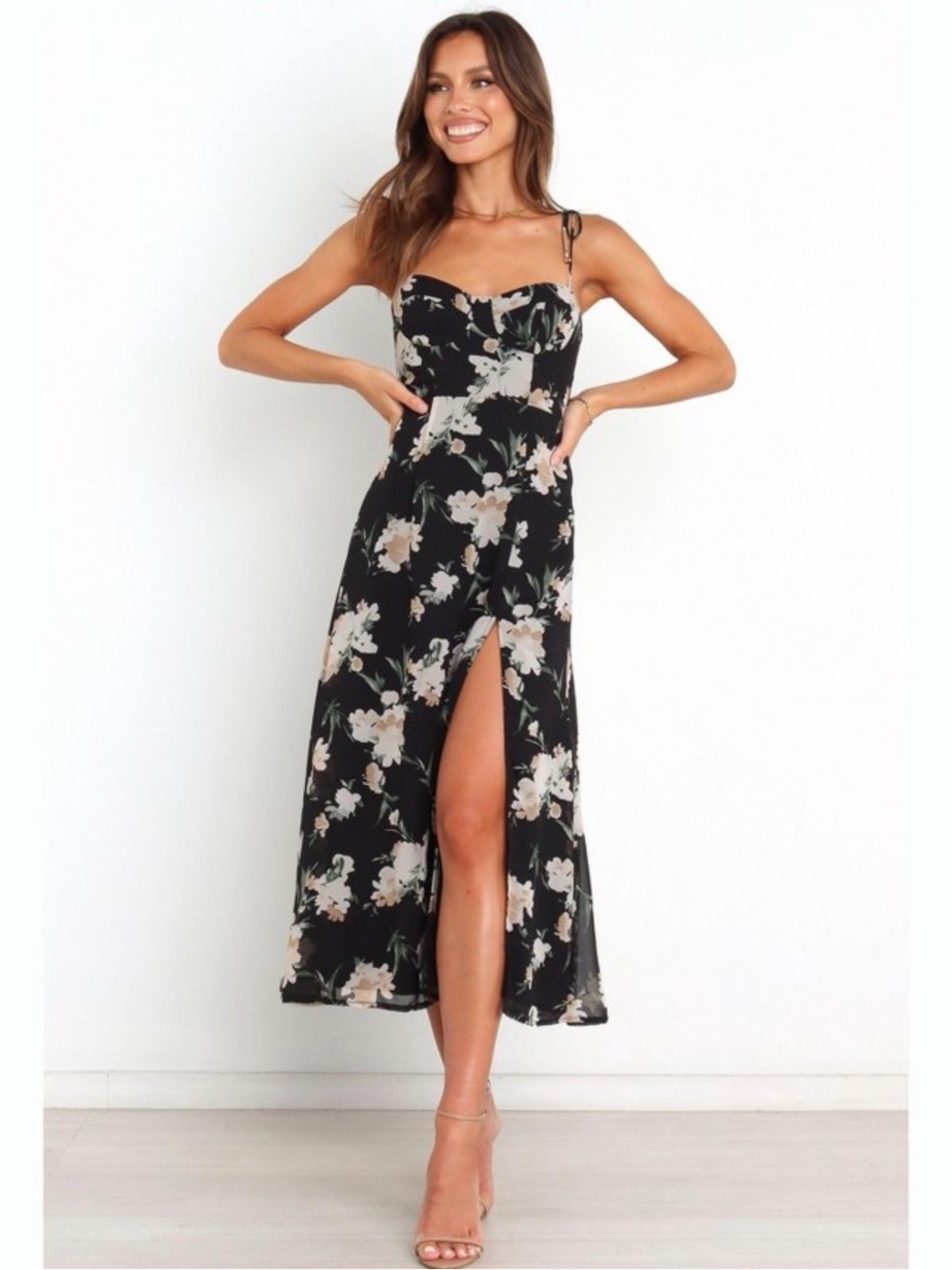 Petal + Pup Black Floral Slip Dress with Cream Blooms